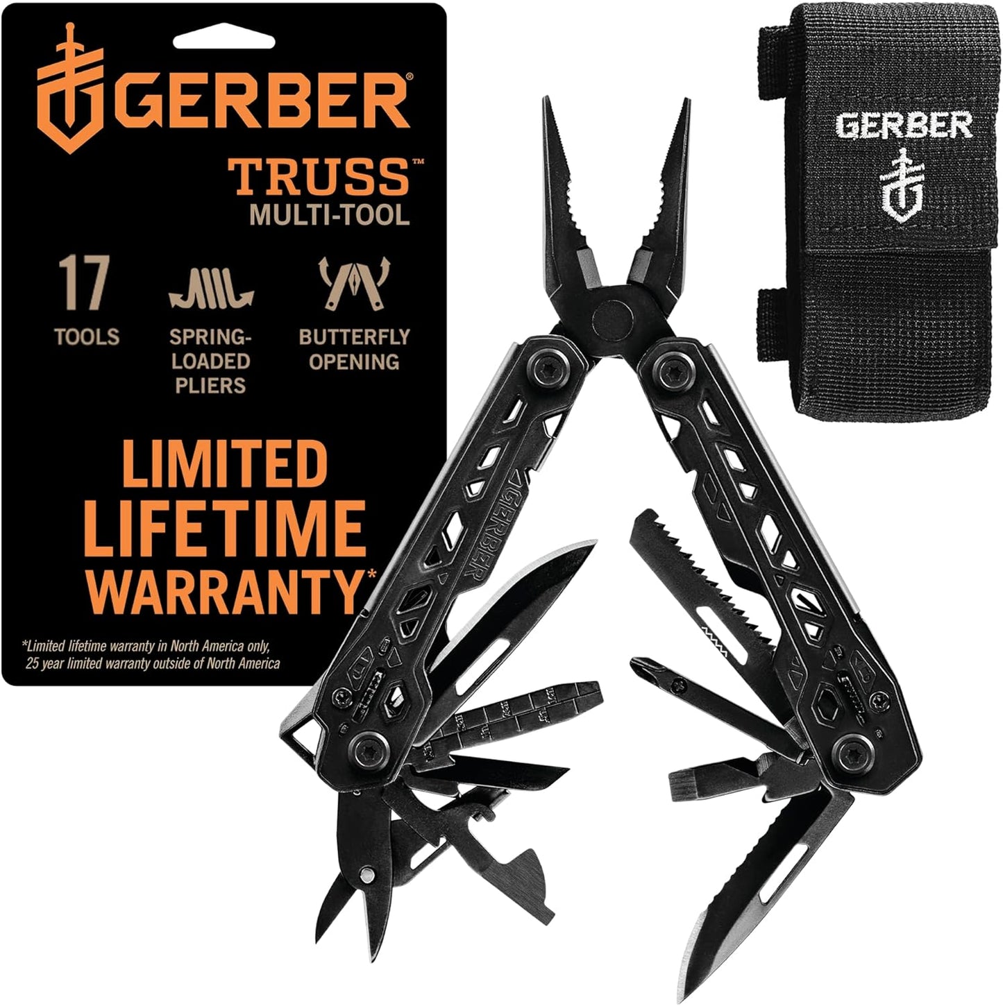 Gerber Gear Truss 17-in-1 EDC Needle Nose Pliers Multi tool - includes Pocket Knife. Screwdriver. and Bottle Opener Accessories - Gifts for Men. Fishing and Camping Gear - Gray with Standard Sheath