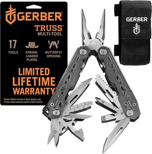 Gerber Gear Truss 17-in-1 EDC Needle Nose Pliers Multi tool - includes Pocket Knife. Screwdriver. and Bottle Opener Accessories - Gifts for Men. Fishing and Camping Gear - Gray with Standard Sheath